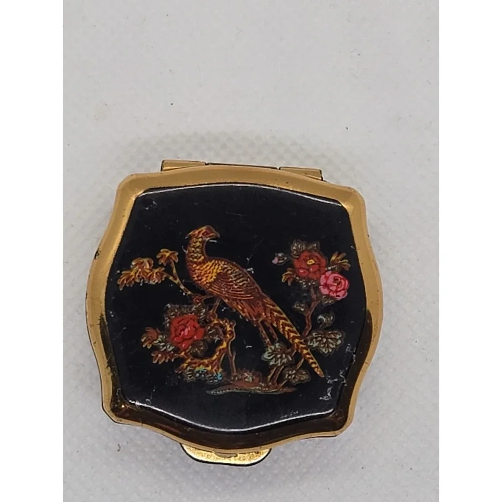 Vintage 1950's Stratton Enameled Pill Box Asian Pheasant Black‎ Gold England